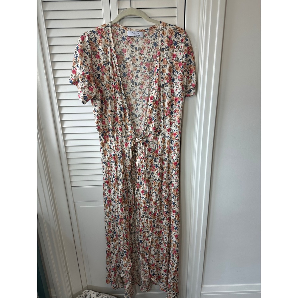Auguste the Label Floral Maxi Dress Cream Pink Blue Rayon Boho Front Tie US 6